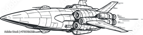 Futuristic line art vector illustration of a rocket spacecraft designed for speed and exploration in technology contexts