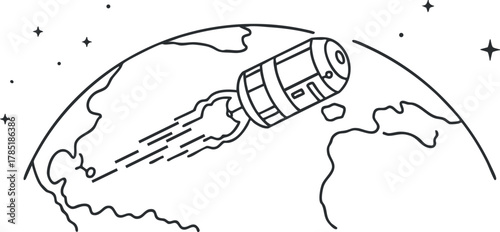 Outline vector illustration of a spacecraft orbiting Earth, ideal for technology, space exploration, and educational projects