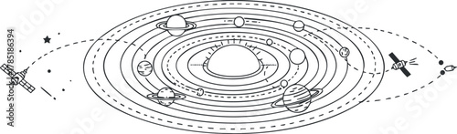 Geometric vector illustration of the solar system featuring planets and satellites in a clean, modern design for educational purposes