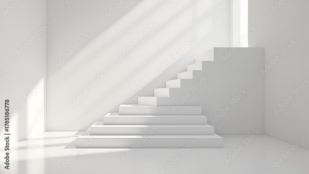 Fototapeta premium White minimalist staircase in an empty room with sunlight and shadows