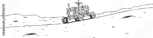 Line art illustration of a lunar rover exploring the moon's surface, suitable for educational and scientific design projects