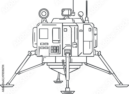 Detailed line art illustration of a lunar lander spacecraft, suitable for technology and aerospace design projects