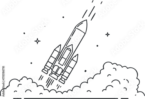 Outline vector illustration of a rocket launching through clouds and stars, ideal for technology and adventure themes