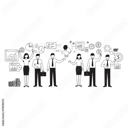 Business people with charts coins and icons in a line up