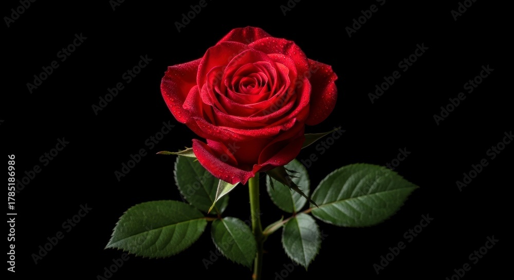 Fototapeta premium Crimson Romance: A single, radiant red rose blooms gracefully against a dark background, its velvety petals unfurling in a display of timeless beauty and romantic allure.