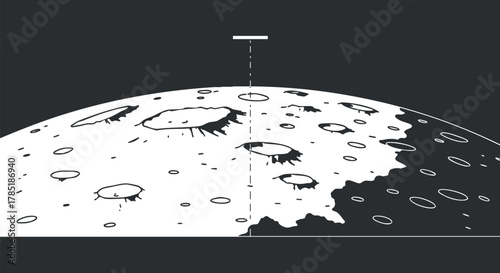 Minimalist black and white vector illustration of the moon's surface featuring craters and terrain details for educational and design projects
