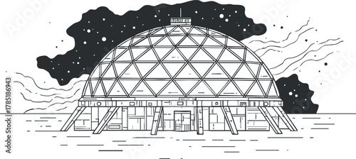 Outline vector illustration of a geodesic dome structure with modern design elements, suitable for architectural concepts and urban art.
