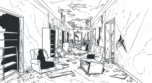 Detailed line art illustration of an abandoned hallway with scattered furniture and peeling walls, perfect for urban decay concepts