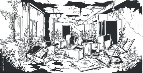 Detailed black and white vector illustration of an abandoned interior filled with discarded furniture and overgrown plants, ideal for art and design projects.