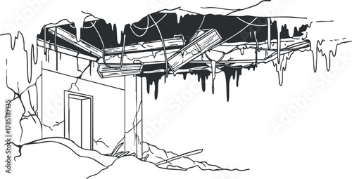 Outline vector illustration of a collapsed building interior showcasing destruction and decay for disaster-related design projects