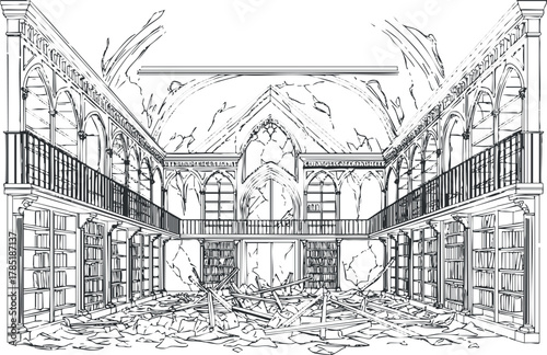Detailed line art illustration of a ruined library interior featuring broken shelves and debris for artistic projects.