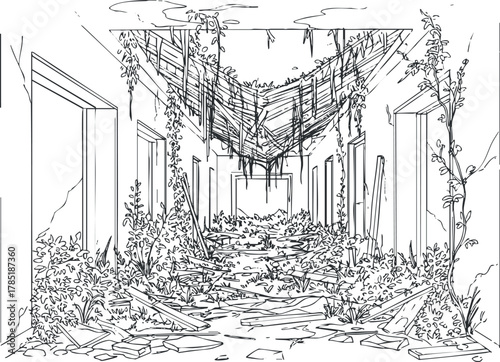 Detailed line art illustration of an abandoned building interior with overgrown plants and crumbling walls for artistic projects