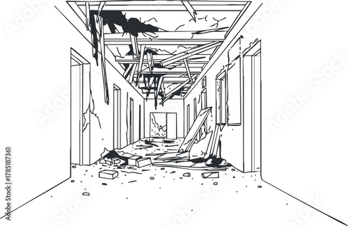 Outline vector illustration of a dilapidated hallway showing destruction and debris, ideal for urban exploration themes and design projects