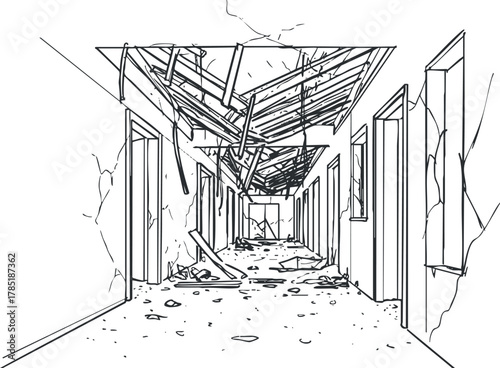 Line art illustration of a dilapidated hallway with a collapsed ceiling and scattered debris, ideal for urban decay themes.