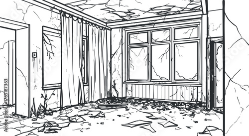 Detailed line art illustration of a dilapidated interior space showcasing broken walls and overgrown elements.
