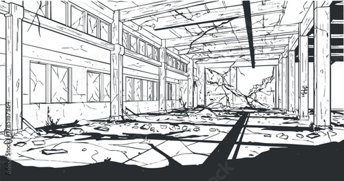 Detailed outline illustration of an abandoned building interior featuring cracked walls and a debris-strewn floor for urban decay themes