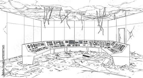 Outline vector illustration of an abandoned control room with a futuristic design, featuring debris and a dilapidated interior.