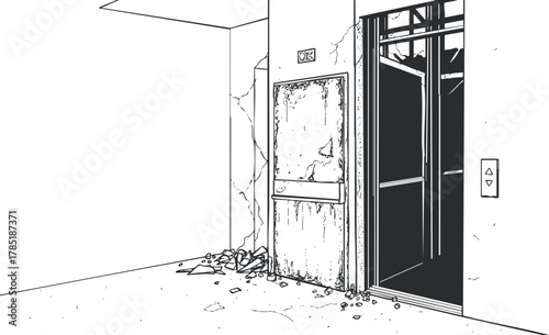Minimalist black and white vector illustration of an abandoned elevator interior featuring cracked walls and debris for architectural or urban decay concepts