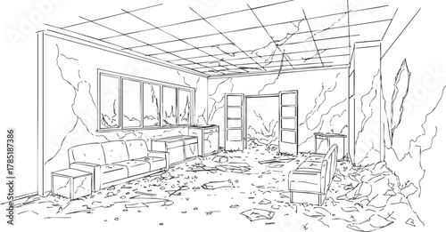 Outline sketch of a dilapidated room interior featuring broken furniture and chaotic debris, ideal for architectural design concepts