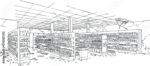 Detailed outline vector illustration of an abandoned store interior with empty shelves and scattered items, ideal for design concepts.