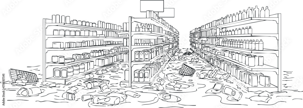 Fototapeta premium Outline vector illustration of a chaotic supermarket aisle filled with discarded items and clutter, suitable for environmental awareness projects