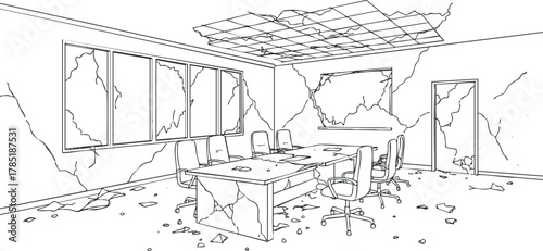 Outline vector illustration of a dilapidated office interior featuring broken furniture and crumbling walls, ideal for architectural concepts.