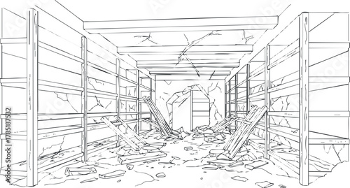 Line art illustration of an abandoned interior space with broken shelves, debris, and a collapsed wall, suitable for concept art or design projects.