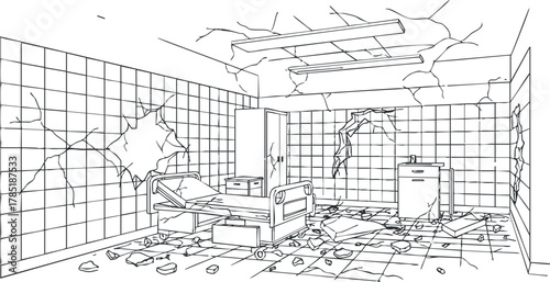 Outline vector illustration of a damaged hospital room featuring a bed and broken walls, ideal for graphic design and architectural concepts