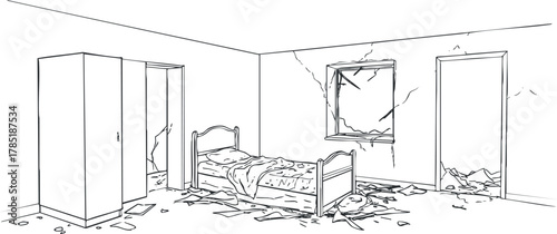 Detailed line art illustration of a messy bedroom interior with a bed, wardrobe, and broken walls for design projects.