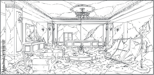 Detailed line art illustration of a dilapidated luxurious room with broken furniture and debris, ideal for concept art and design projects