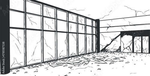 Outline vector illustration of a dilapidated interior space featuring broken glass and cracked walls for design projects