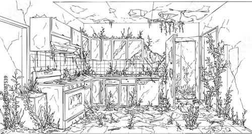 Detailed line art illustration of an abandoned kitchen overgrown with plants, showcasing nature reclaiming urban space