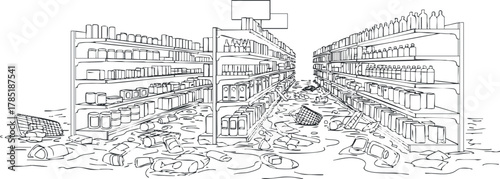 Outline vector illustration of a chaotic supermarket aisle filled with discarded items and clutter, suitable for environmental awareness projects