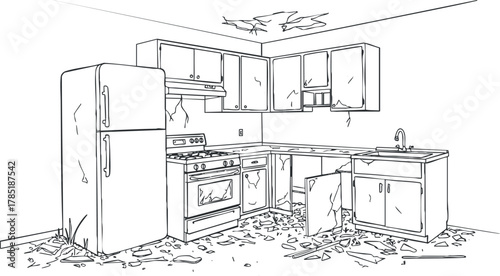 Line art vector illustration of a damaged kitchen interior featuring broken appliances and furniture, ideal for renovation concepts