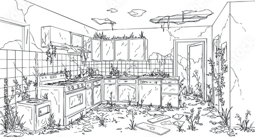 Detailed line art illustration of an abandoned kitchen overrun with vegetation, perfect for environmental design projects.