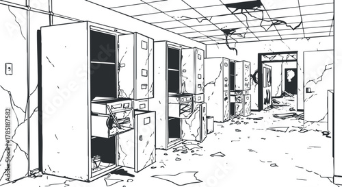 Outline vector illustration of an abandoned office space featuring broken storage cabinets and debris scattered across the floor