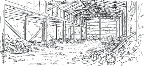 Detailed line art illustration of a dilapidated warehouse interior featuring scattered rubble and a broken structure for design and architectural projects