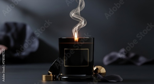 Burning Scented Candle on Dark Background Home Decor and Aromatherapy Concept