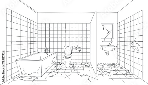 Outline vector illustration of a dilapidated bathroom with broken tiles, bathtub, toilet, and sink, ideal for renovation projects.
