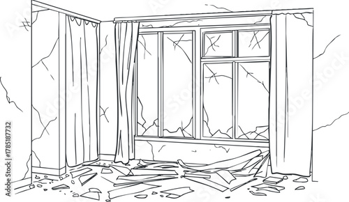 Outline vector illustration of a damaged interior space featuring broken windows and debris, ideal for renovation and construction themes