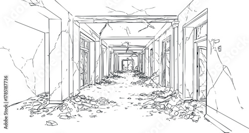 Outline vector illustration of a damaged hallway with debris, suitable for architectural concepts and environmental designs