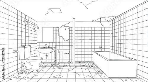 Outline vector illustration of a dilapidated bathroom interior featuring a toilet, sink, bathtub, and tiled walls for renovation concepts.