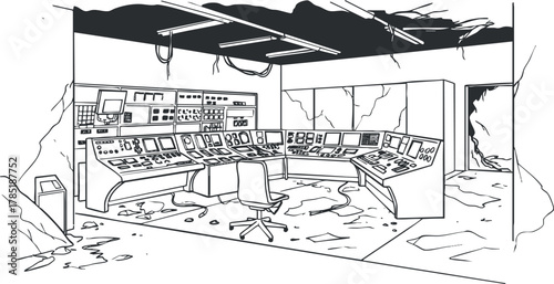 Detailed line art illustration of an abandoned control room with technology equipment and a desolate atmosphere for design concepts