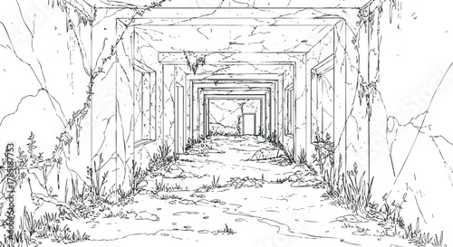 Intricate line art illustration of an abandoned tunnel with overgrown vegetation, suitable for landscape design and artistic projects