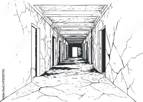 Minimalist black and white vector illustration of a cracked hallway with doors, suitable for architectural design concepts and backgrounds