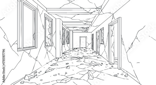 Line art illustration of a dilapidated hallway with cracked walls and broken windows, ideal for architectural design projects