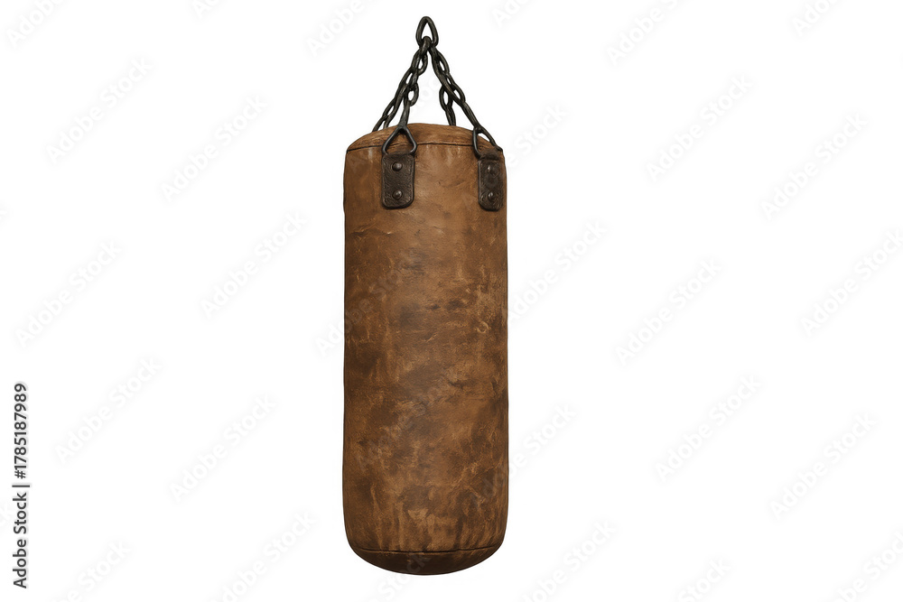 Fototapeta premium Vintage leather punching bag for boxing and fitness training, hanging heavy bag for combat sports workout, transparent background