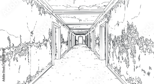 Detailed line art illustration of an abandoned corridor with overgrown plants, suitable for architectural concepts and design projects