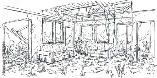 Detailed hand-drawn vector illustration of an abandoned interior scene featuring two sofas and overgrown vegetation