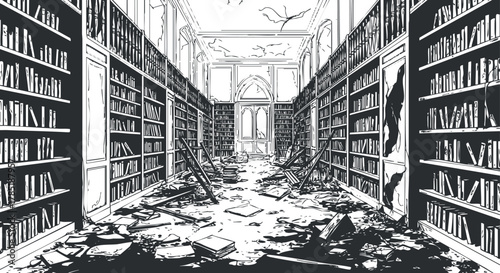 Detailed black and white vector illustration of an abandoned library interior featuring bookshelves, debris, and a sense of decay